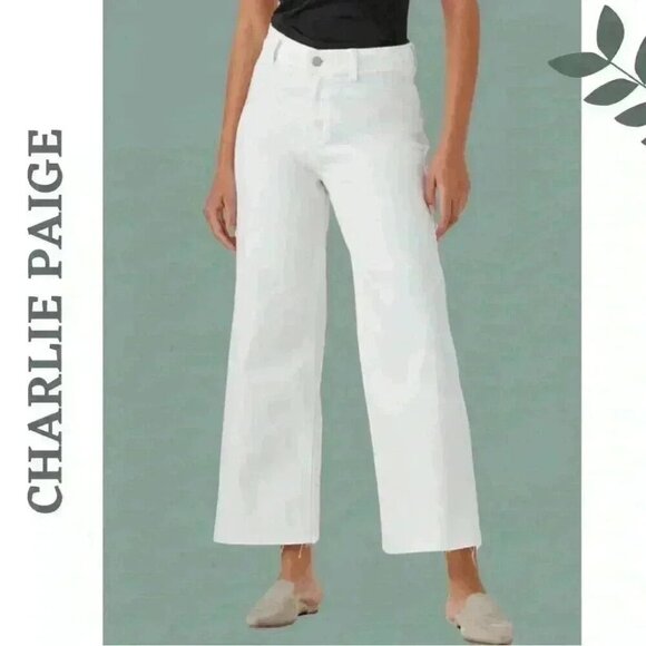 Charlie Paige White Wide Leg Boho Jean Cropped Raw Hem 5 Pocket Stretch - Picture 1 of 2